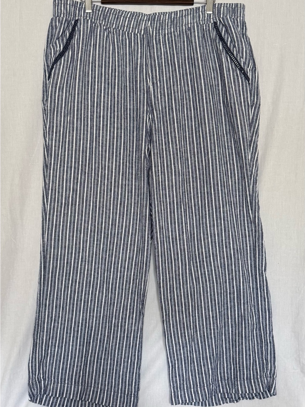 Briggs Womens Navy & White Striped Pullon Wide-Leg Linen Blend Pants Cropped XXL